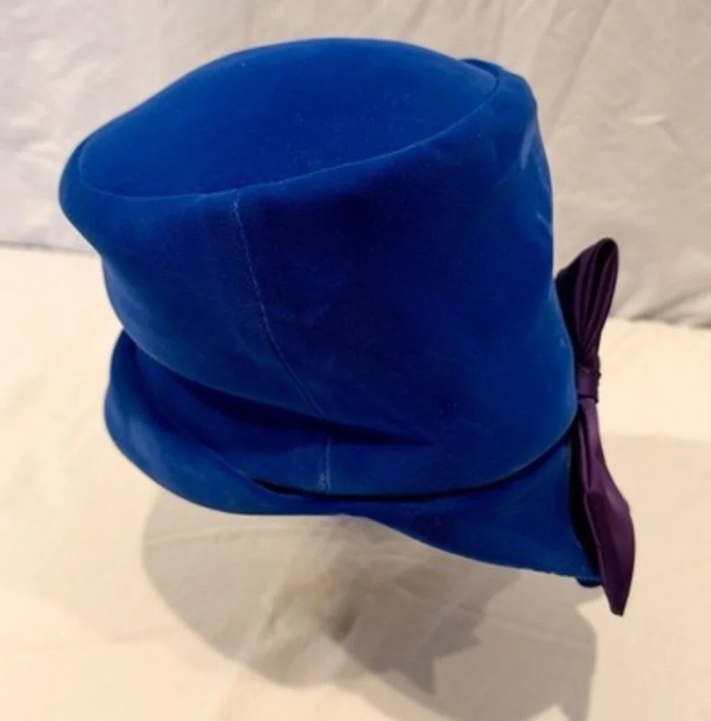Blue Velvet Cloche Hat Purple Bow Accent Classic Formal Party One Size